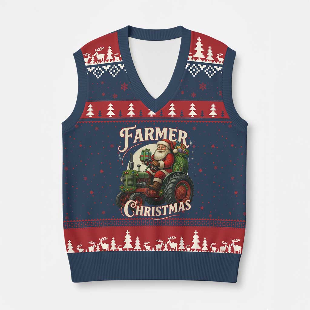 Funny Farmer Christmas Xmas Santa Farm Tractor V-Neck Knit Sweater Vest - Wonder Print Shop