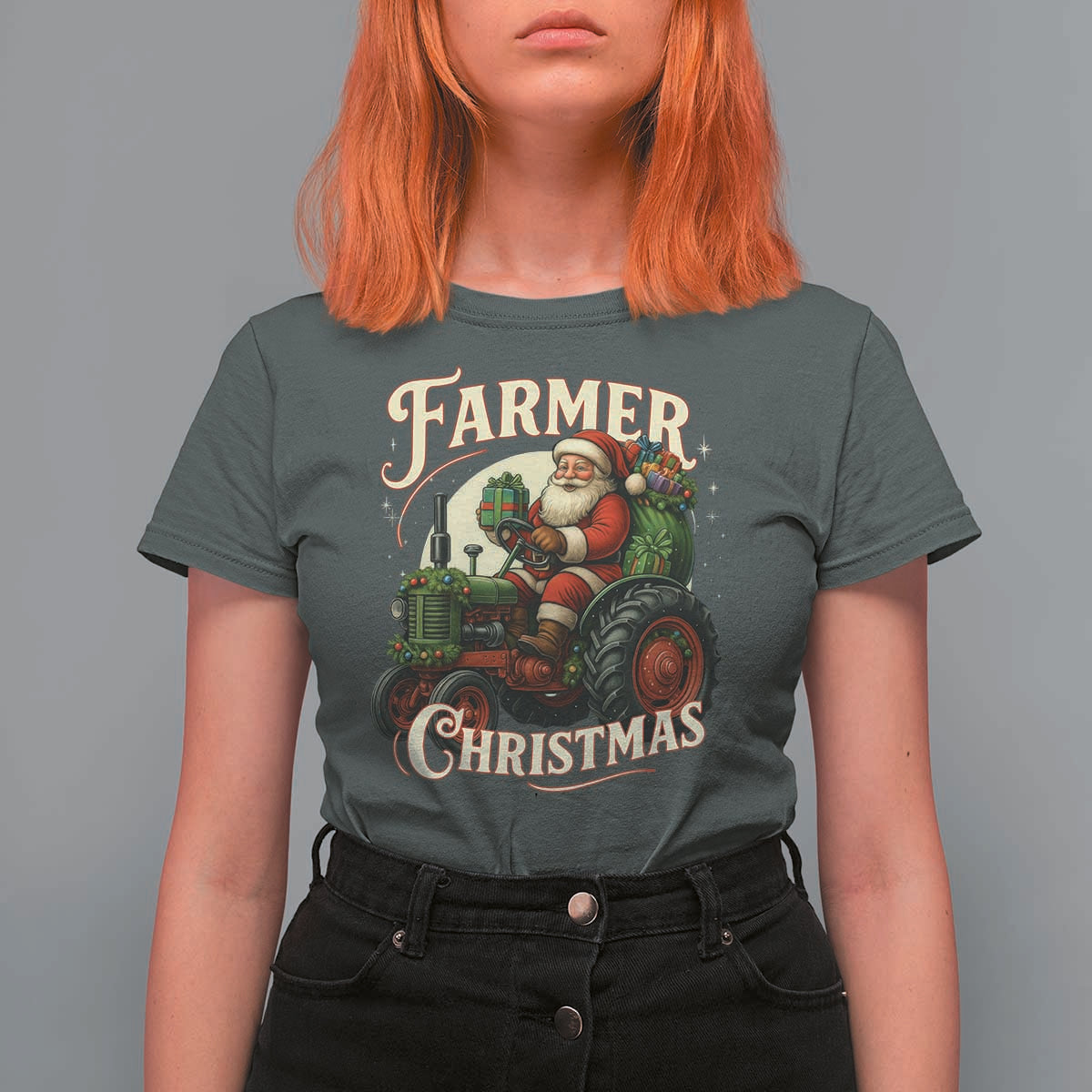 Funny Farmer Christmas Xmas Santa Farm Tractor T Shirt For Women - Wonder Print Shop