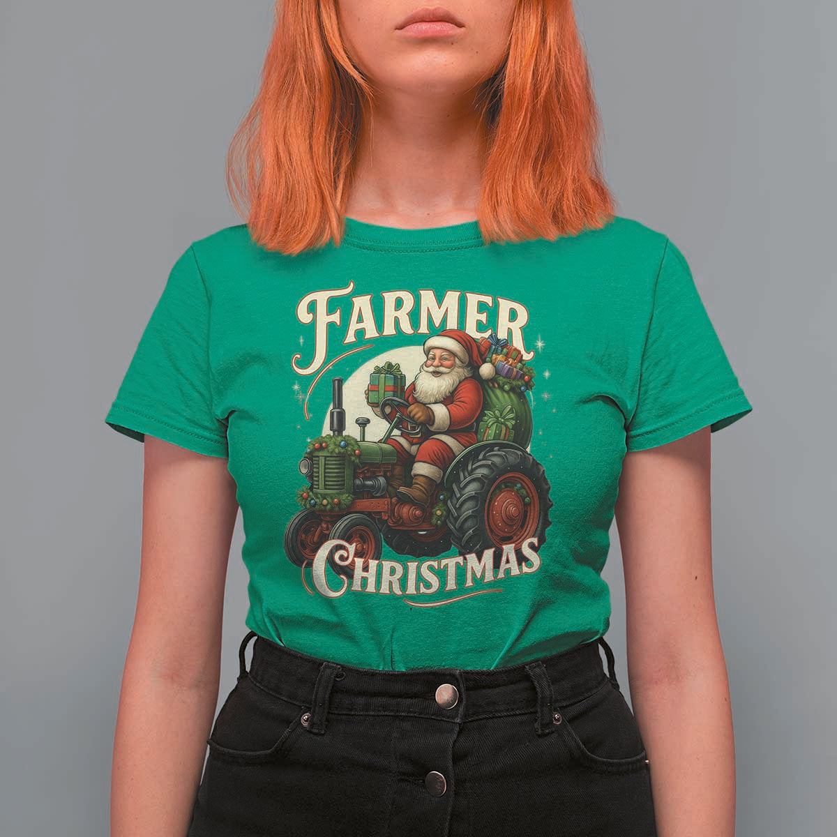 Funny Farmer Christmas Xmas Santa Farm Tractor T Shirt For Women - Wonder Print Shop