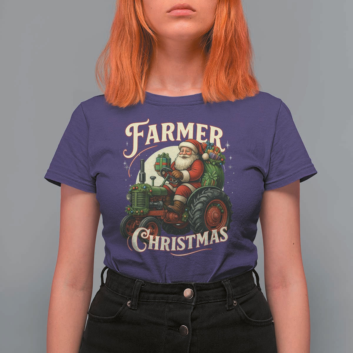 Funny Farmer Christmas Xmas Santa Farm Tractor T Shirt For Women - Wonder Print Shop