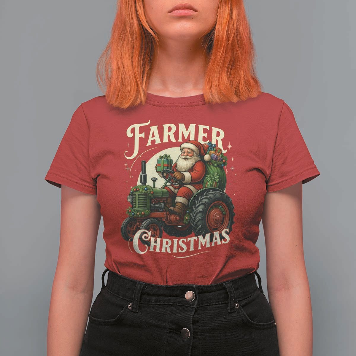 Funny Farmer Christmas Xmas Santa Farm Tractor T Shirt For Women - Wonder Print Shop