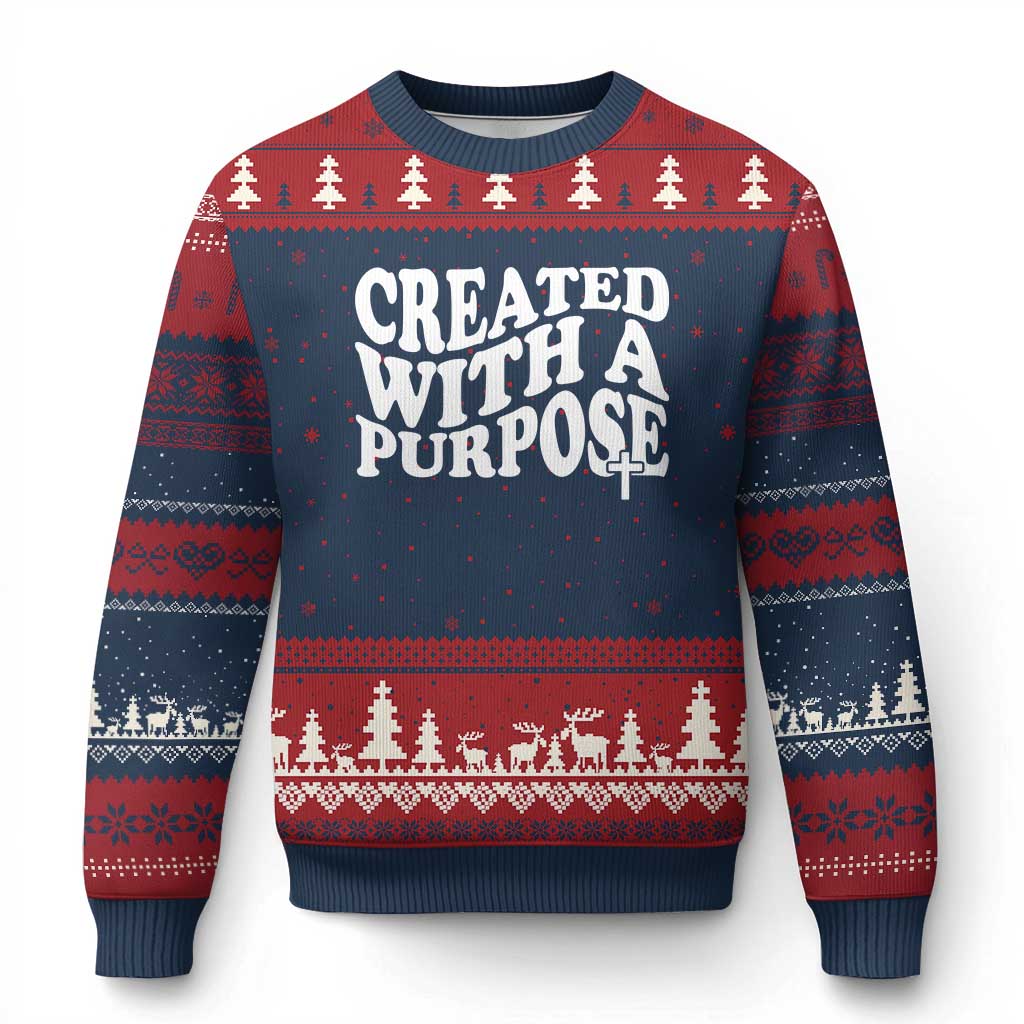 Created With A Purpose Christian Ugly Christmas Sweater Inspirational Religious Bible Verse - Wonder Print Shop