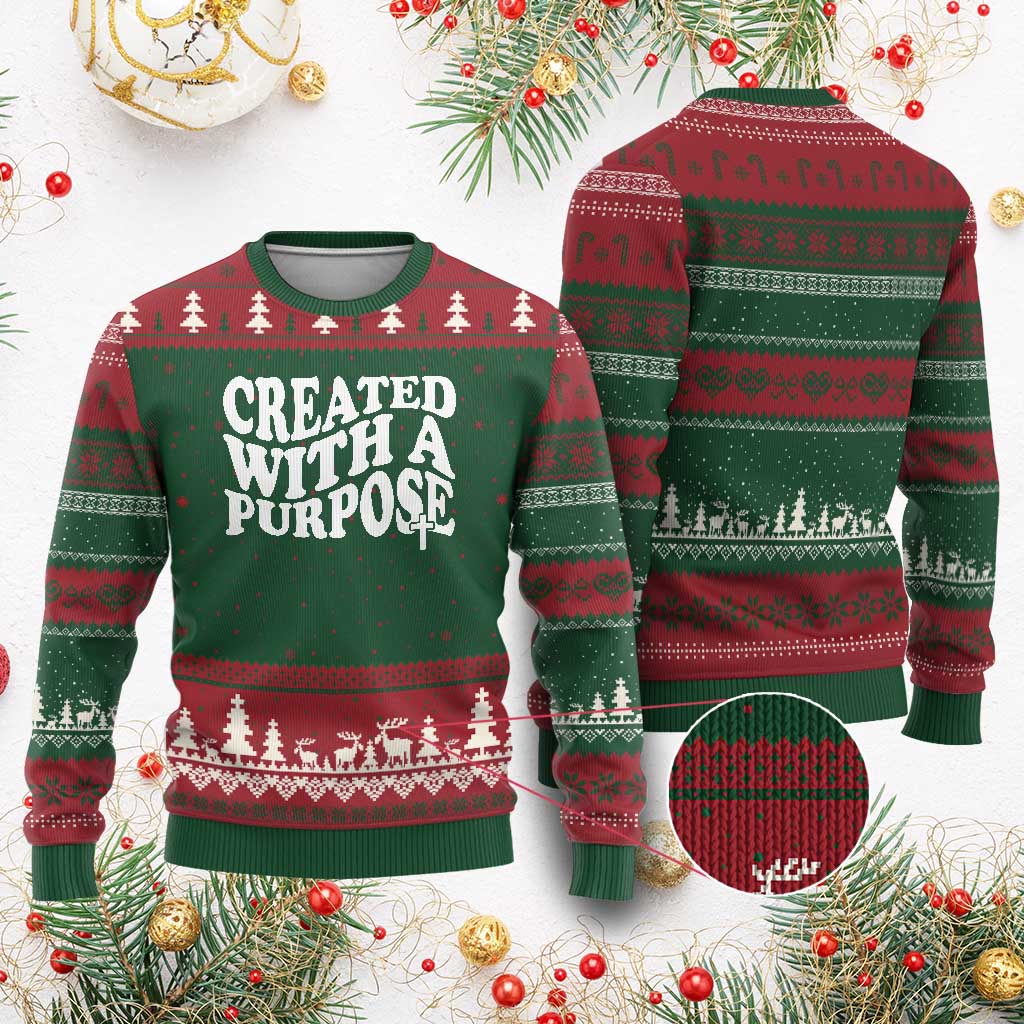 Created With A Purpose Christian Ugly Christmas Sweater Inspirational Religious Bible Verse - Wonder Print Shop