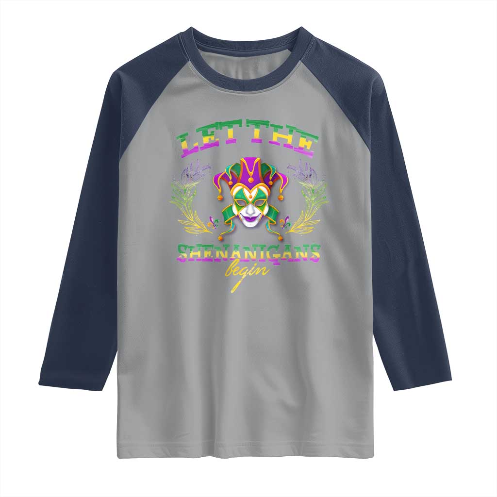 Funny Mardi Gras Raglan Shirt Let The Shenanigans Begin Jester Hat