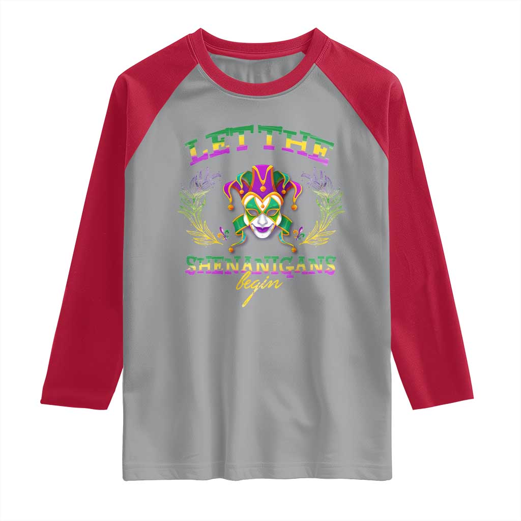 Funny Mardi Gras Raglan Shirt Let The Shenanigans Begin Jester Hat