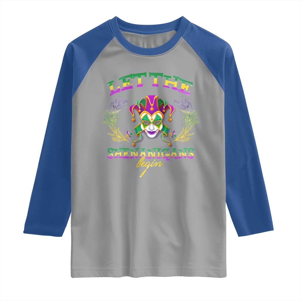 Funny Mardi Gras Raglan Shirt Let The Shenanigans Begin Jester Hat