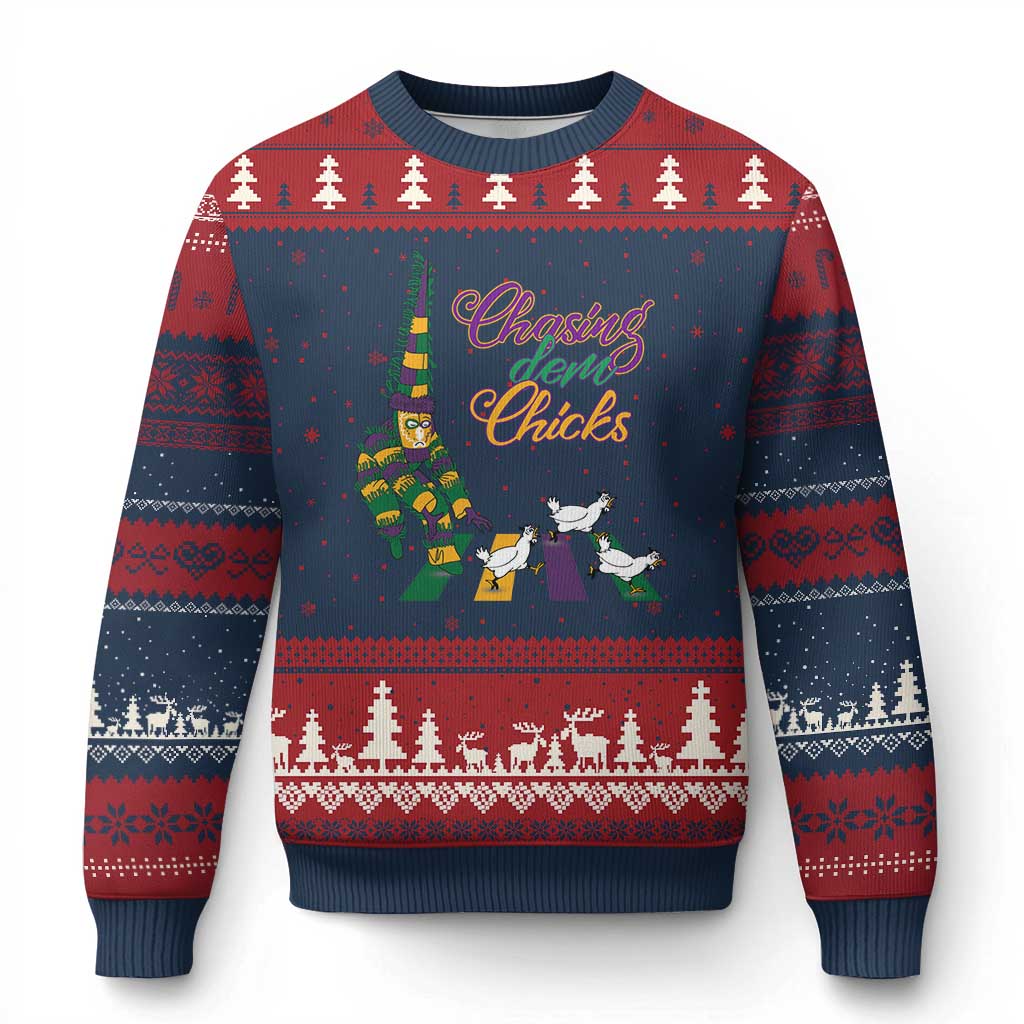 Funny Courir De Mardi Gras Ugly Christmas Sweater Chasing Dem Chicks Carnival