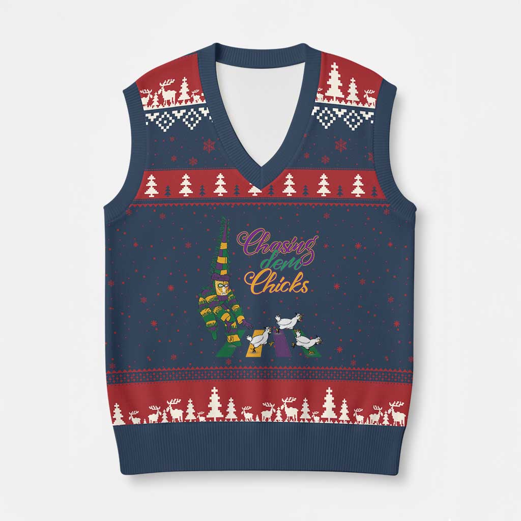 Funny Courir De Mardi Gras V-Neck Knit Sweater Vest Chasing Dem Chicks Carnival