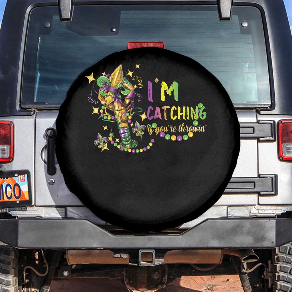 Funny I'm Catchin' If You're Throwin' Mardi Gras Spare Tire Cover Crawfish Beads Fleur De Lys