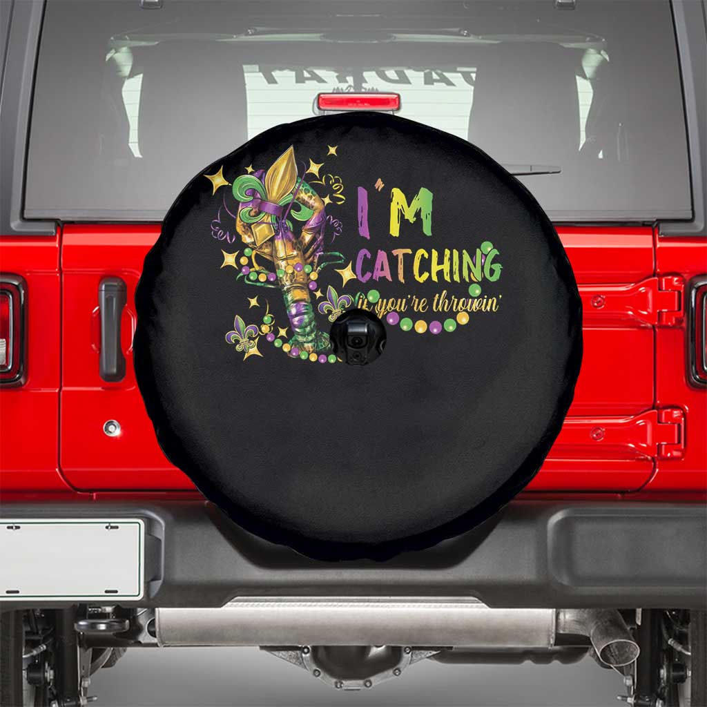 Funny I'm Catchin' If You're Throwin' Mardi Gras Spare Tire Cover Crawfish Beads Fleur De Lys