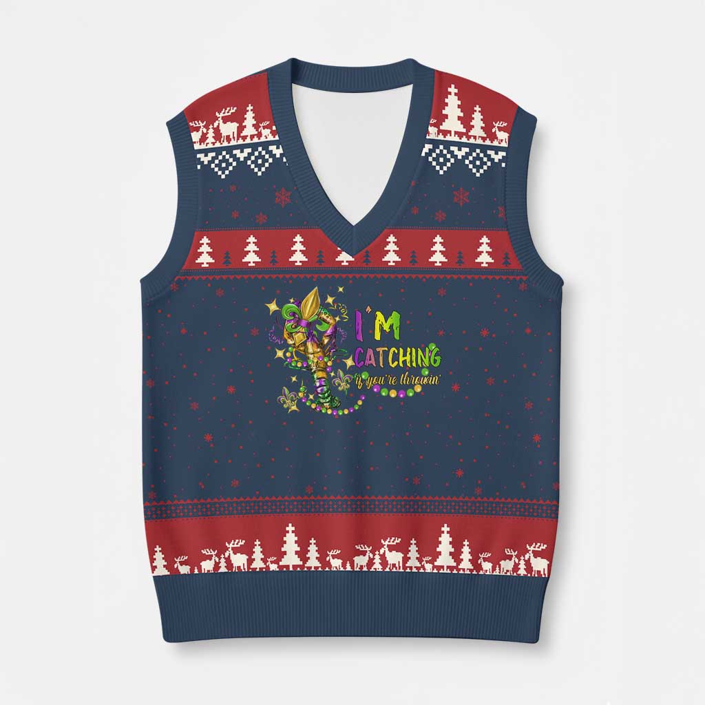Funny I'm Catchin' If You're Throwin' Mardi Gras V-Neck Knit Sweater Vest Crawfish Beads Fleur De Lys