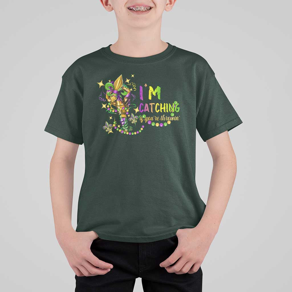 Funny I'm Catchin' If You're Throwin' Mardi Gras T Shirt For Kid Crawfish Beads Fleur De Lys