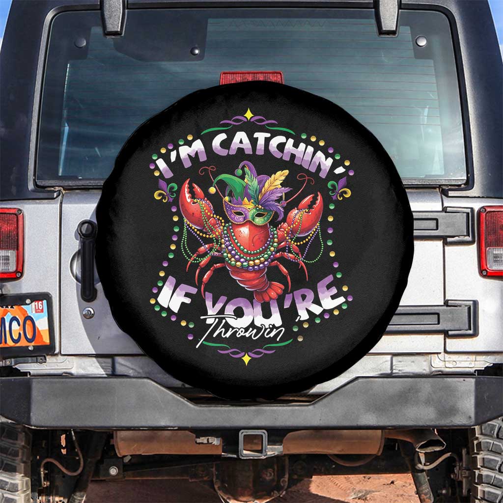 Funny I'm Catchin' If You're Throwin' Mardi Gras Spare Tire Cover Crawfish Beads Jester Hat