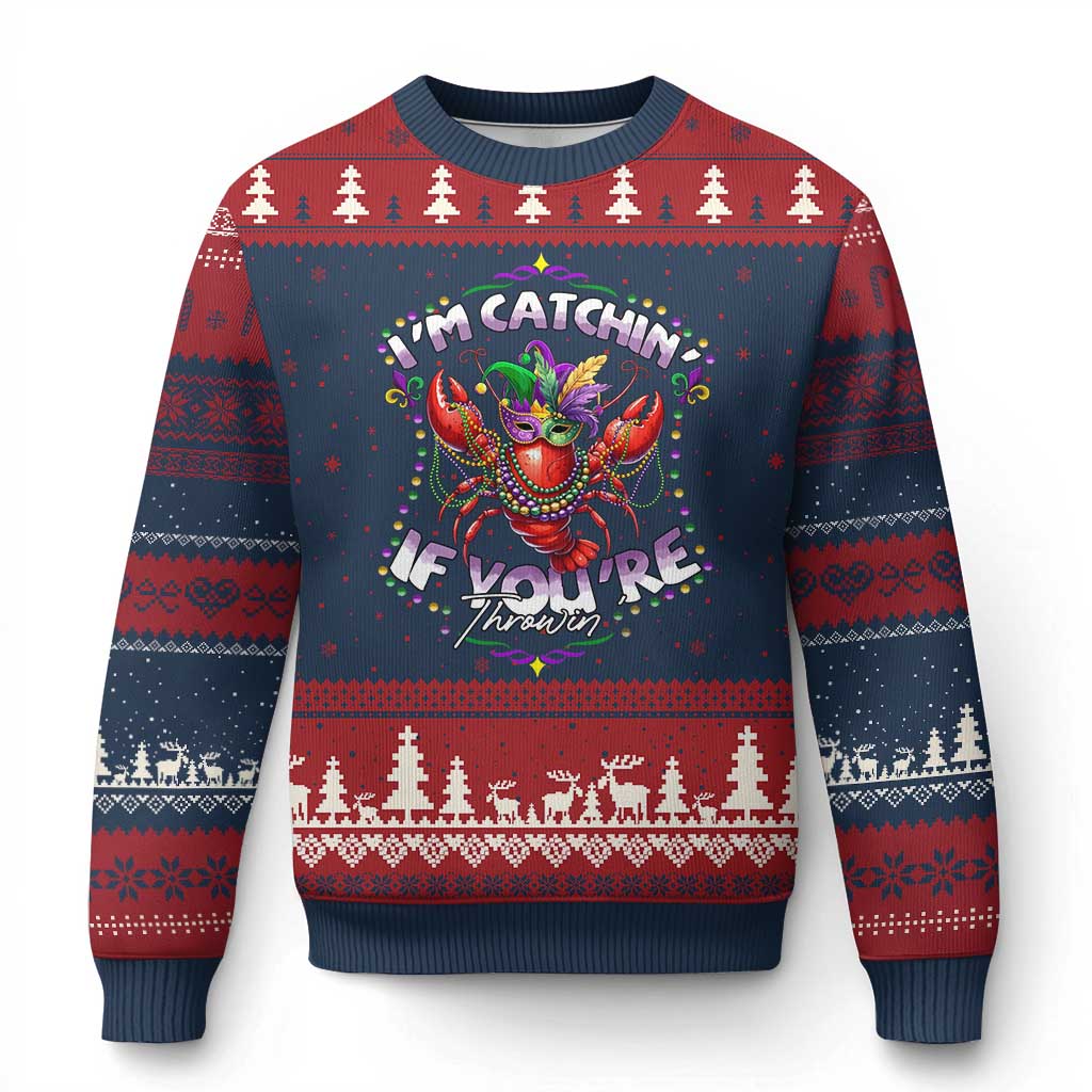 Funny I'm Catchin' If You're Throwin' Mardi Gras Ugly Christmas Sweater Crawfish Beads Jester Hat