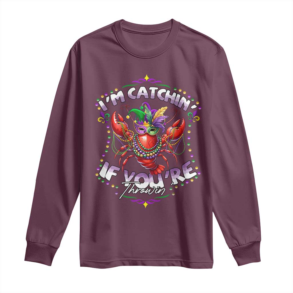 Funny I'm Catchin' If You're Throwin' Mardi Gras Long Sleeve Shirt Crawfish Beads Jester Hat