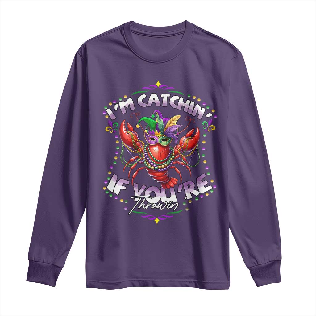 Funny I'm Catchin' If You're Throwin' Mardi Gras Long Sleeve Shirt Crawfish Beads Jester Hat