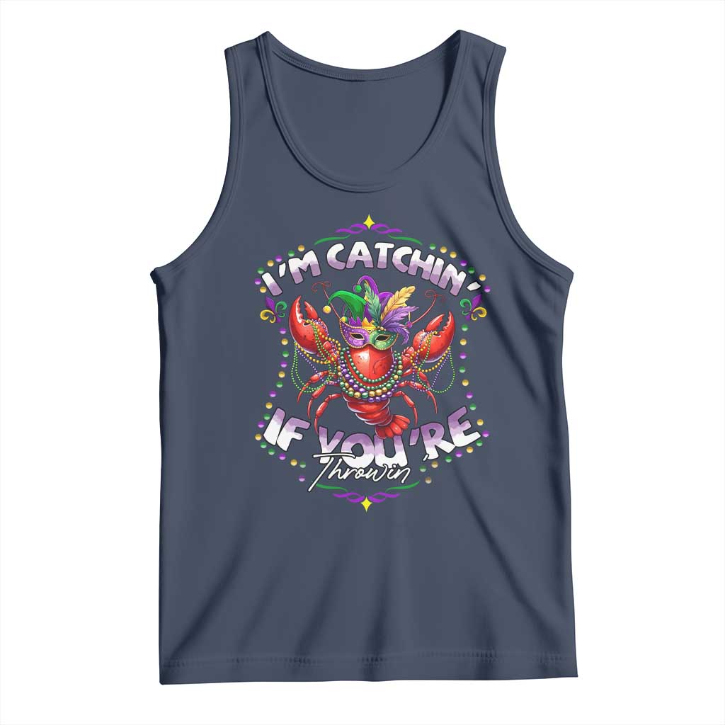 Funny I'm Catchin' If You're Throwin' Mardi Gras Tank Top Crawfish Beads Jester Hat