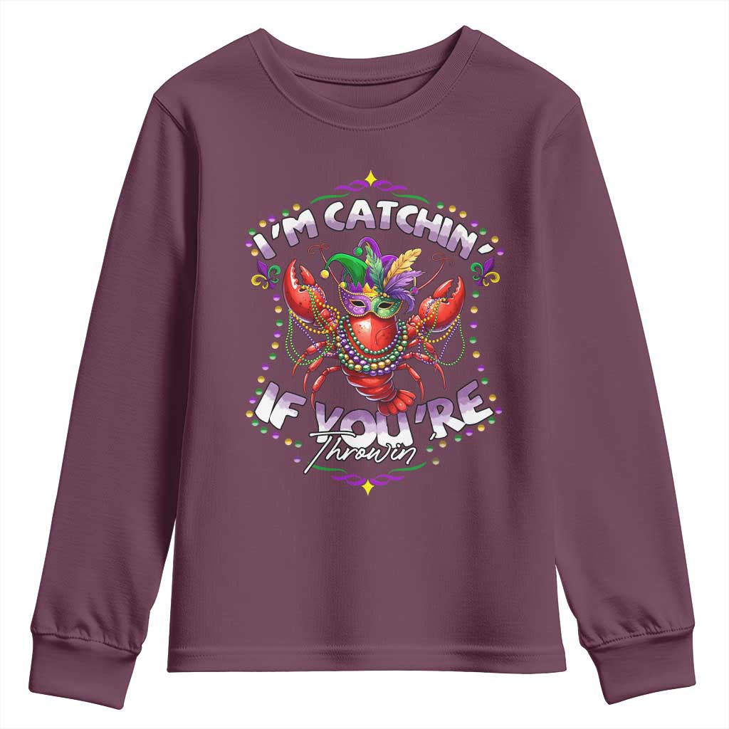 Funny I'm Catchin' If You're Throwin' Mardi Gras Youth Sweatshirt Crawfish Beads Jester Hat