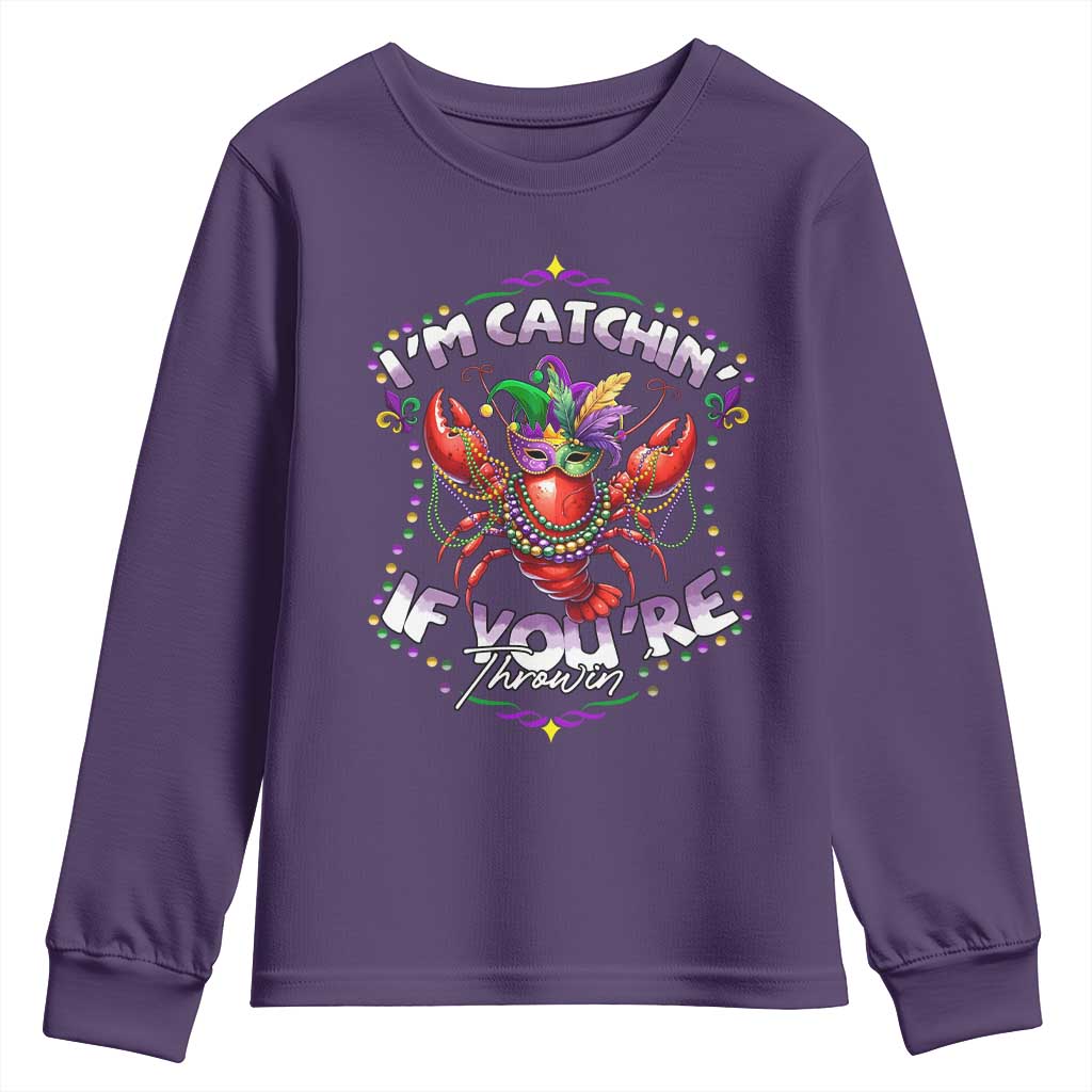 Funny I'm Catchin' If You're Throwin' Mardi Gras Youth Sweatshirt Crawfish Beads Jester Hat