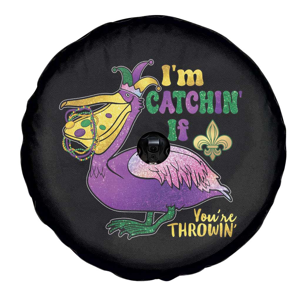 Funny Mardi Gras Pelican Spare Tire Cover I'm Catchin' If You're Throwin' Beads Doubloons