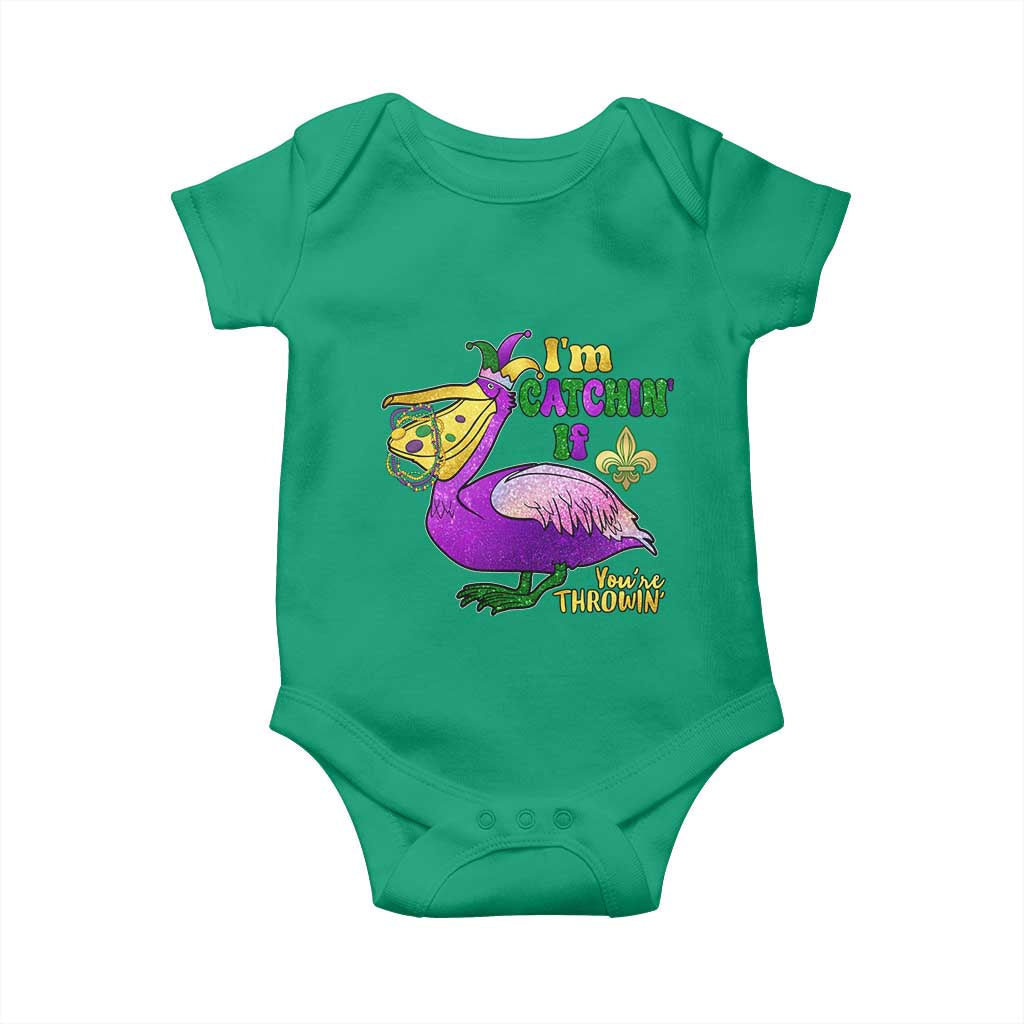 Funny Mardi Gras Pelican Baby Onesie I'm Catchin' If You're Throwin' Beads Doubloons