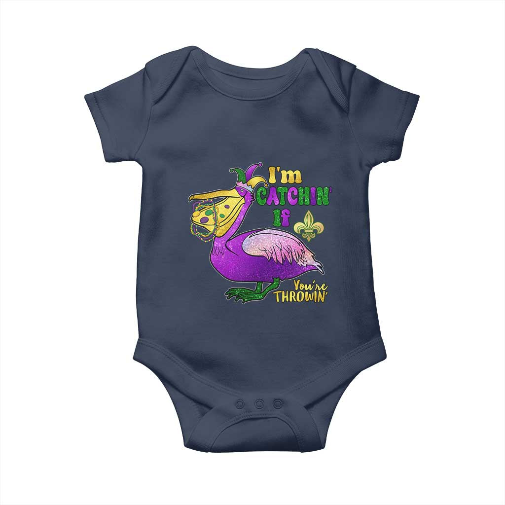 Funny Mardi Gras Pelican Baby Onesie I'm Catchin' If You're Throwin' Beads Doubloons