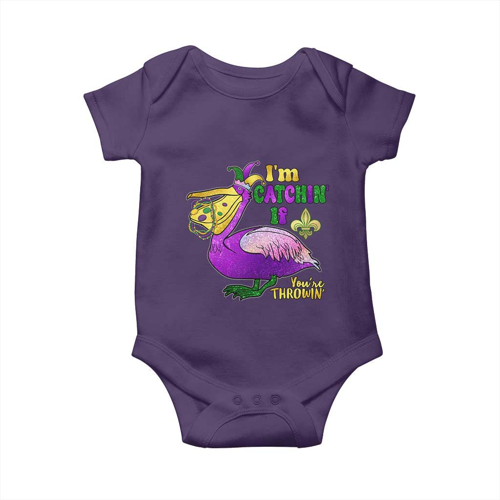 Funny Mardi Gras Pelican Baby Onesie I'm Catchin' If You're Throwin' Beads Doubloons