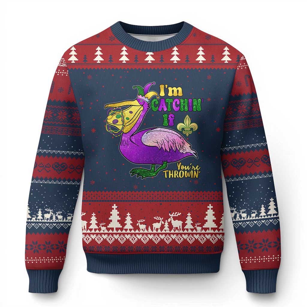 Funny Mardi Gras Pelican Ugly Christmas Sweater I'm Catchin' If You're Throwin' Beads Doubloons