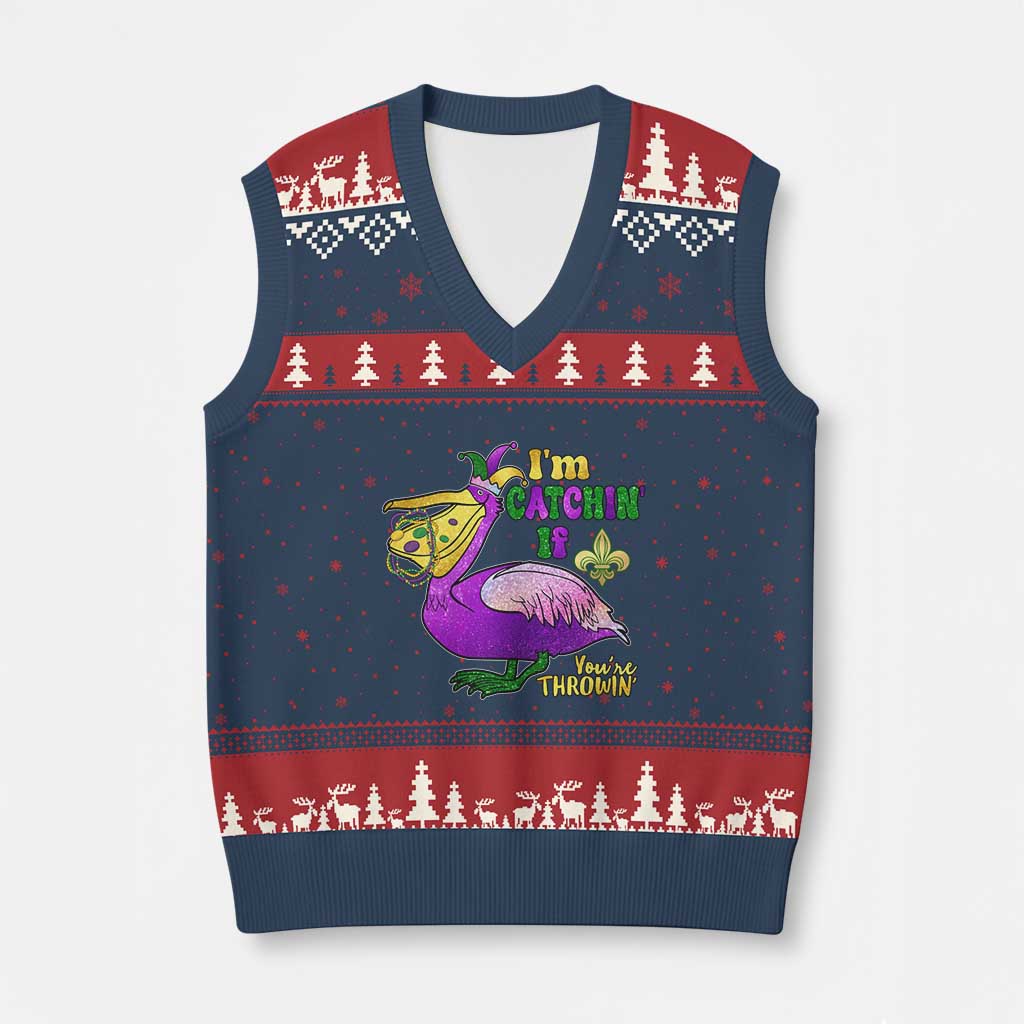 Funny Mardi Gras Pelican V-Neck Knit Sweater Vest I'm Catchin' If You're Throwin' Beads Doubloons