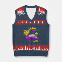 Funny Mardi Gras Pelican V-Neck Knit Sweater Vest I'm Catchin' If You're Throwin' Beads Doubloons