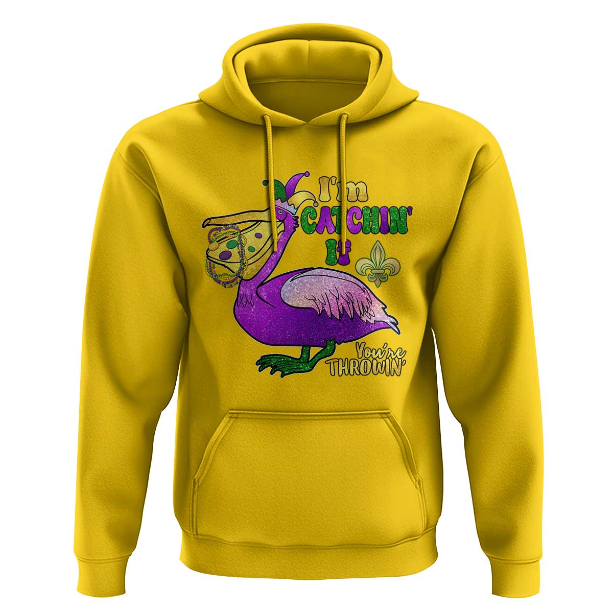 Funny Mardi Gras Pelican Hoodie I'm Catchin' If You're Throwin' Beads Doubloons