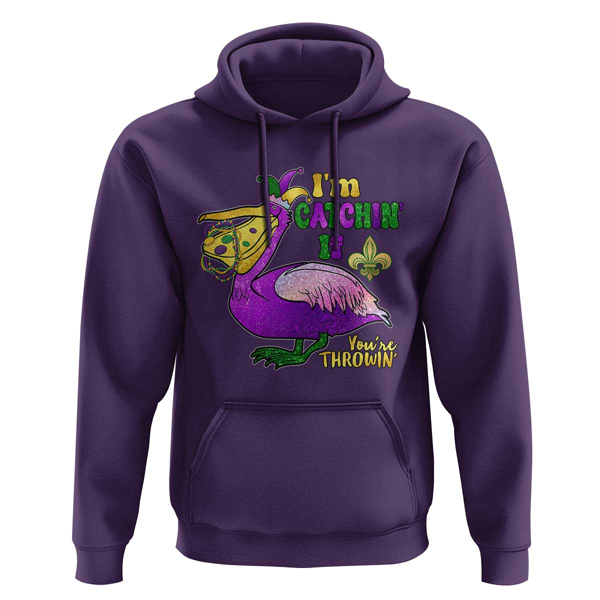 Funny Mardi Gras Pelican Hoodie I'm Catchin' If You're Throwin' Beads Doubloons