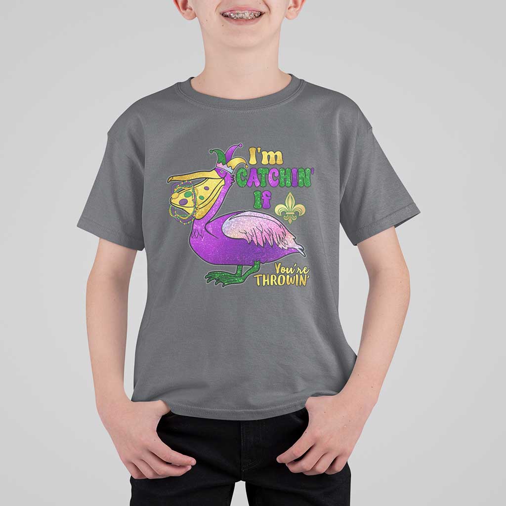 Funny Mardi Gras Pelican T Shirt For Kid I'm Catchin' If You're Throwin' Beads Doubloons
