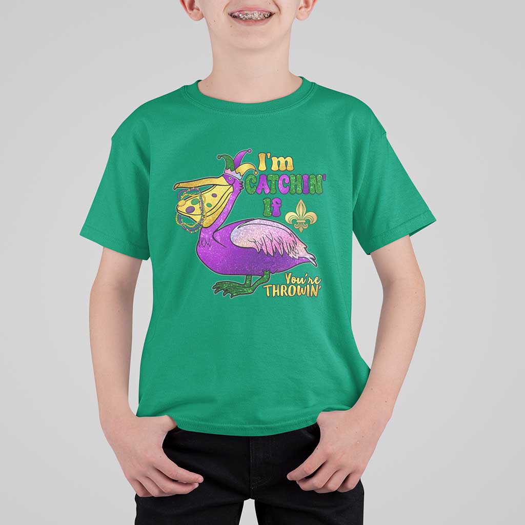 Funny Mardi Gras Pelican T Shirt For Kid I'm Catchin' If You're Throwin' Beads Doubloons