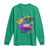 Funny Mardi Gras Pelican Long Sleeve Shirt I'm Catchin' If You're Throwin' Beads Doubloons