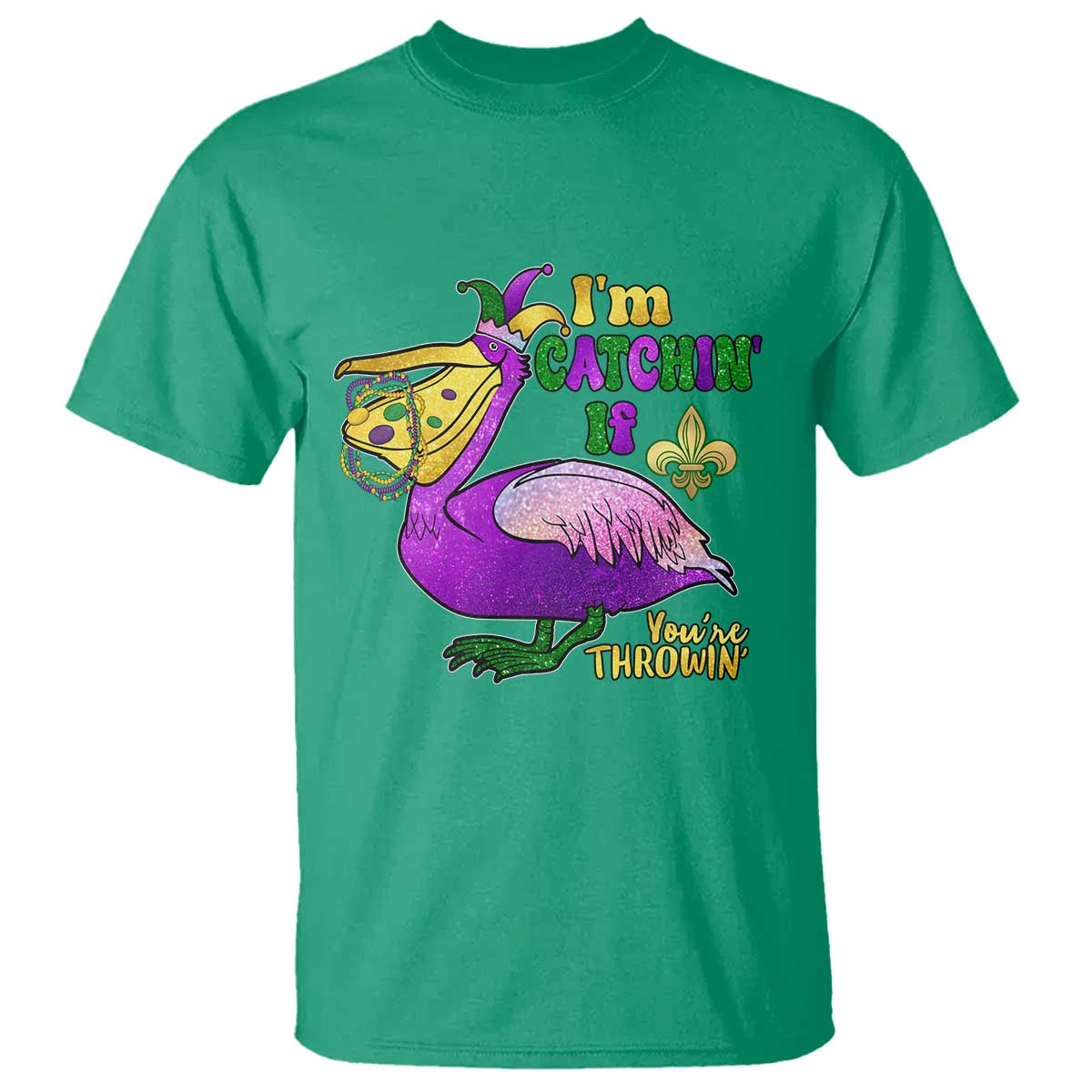 Funny Mardi Gras Pelican T Shirt I'm Catchin' If You're Throwin' Beads Doubloons