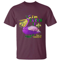Funny Mardi Gras Pelican T Shirt I'm Catchin' If You're Throwin' Beads Doubloons