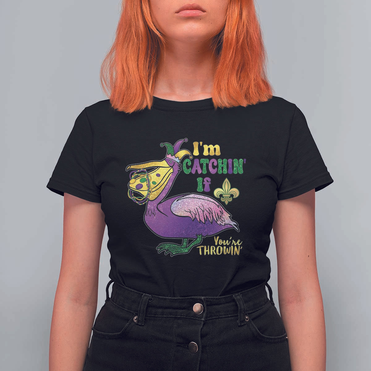 Funny Mardi Gras Pelican T Shirt For Women I'm Catchin' If You're Throwin' Beads Doubloons
