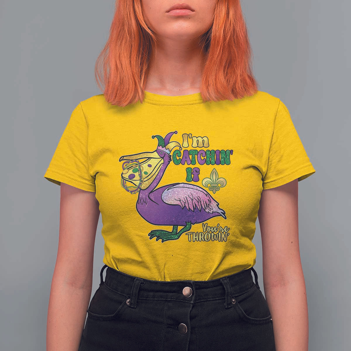 Funny Mardi Gras Pelican T Shirt For Women I'm Catchin' If You're Throwin' Beads Doubloons