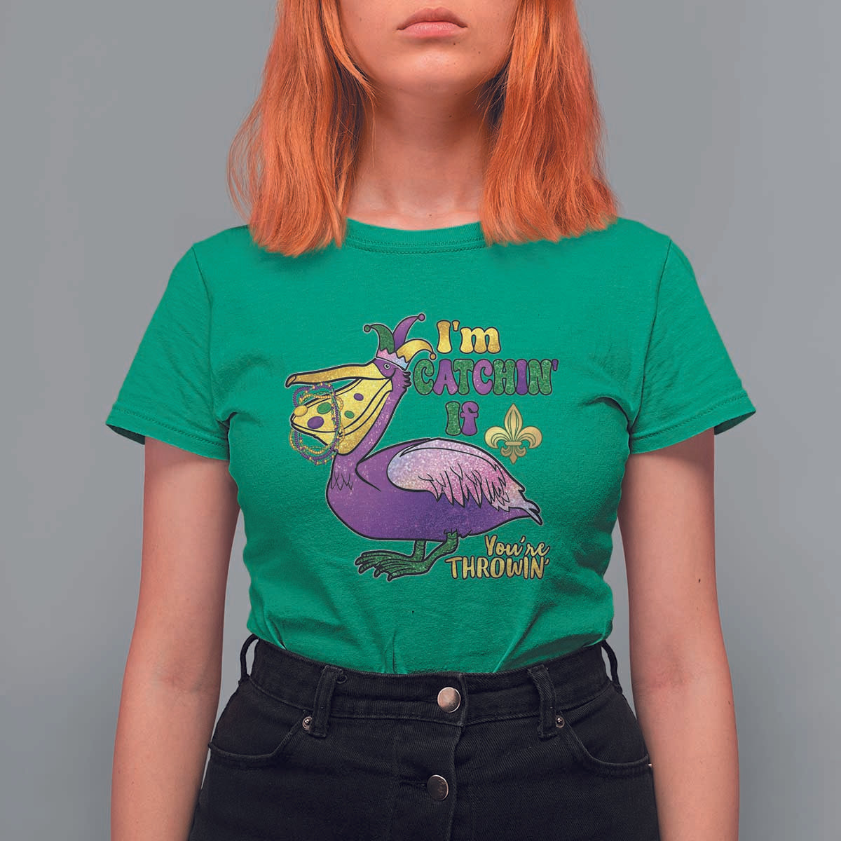 Funny Mardi Gras Pelican T Shirt For Women I'm Catchin' If You're Throwin' Beads Doubloons