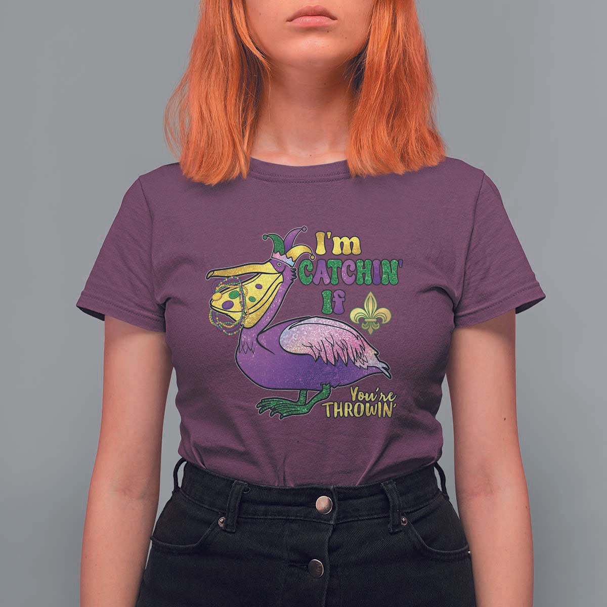 Funny Mardi Gras Pelican T Shirt For Women I'm Catchin' If You're Throwin' Beads Doubloons