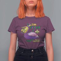 Funny Mardi Gras Pelican T Shirt For Women I'm Catchin' If You're Throwin' Beads Doubloons