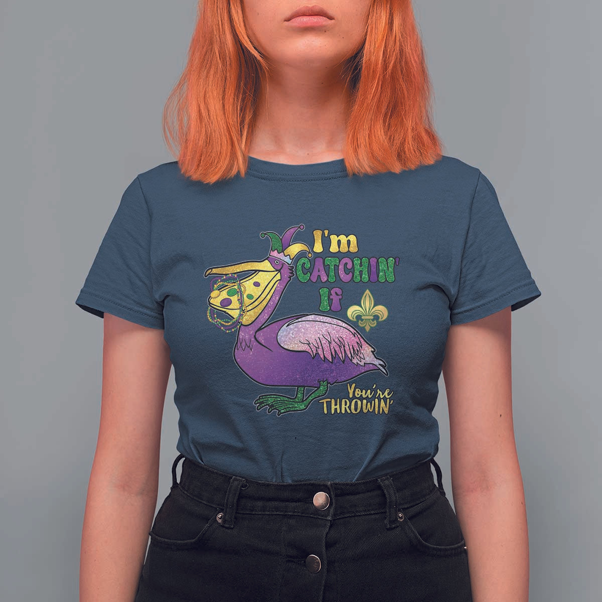 Funny Mardi Gras Pelican T Shirt For Women I'm Catchin' If You're Throwin' Beads Doubloons