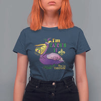 Funny Mardi Gras Pelican T Shirt For Women I'm Catchin' If You're Throwin' Beads Doubloons