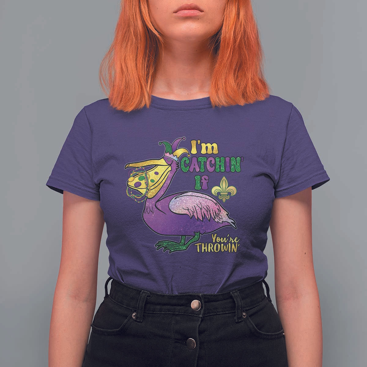 Funny Mardi Gras Pelican T Shirt For Women I'm Catchin' If You're Throwin' Beads Doubloons