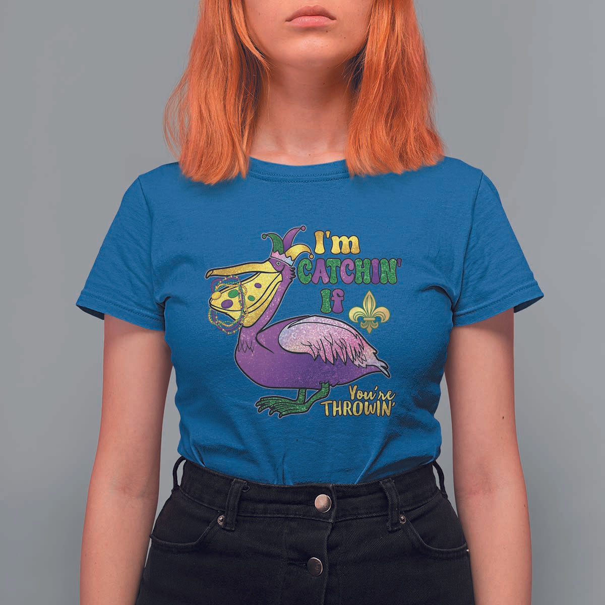 Funny Mardi Gras Pelican T Shirt For Women I'm Catchin' If You're Throwin' Beads Doubloons