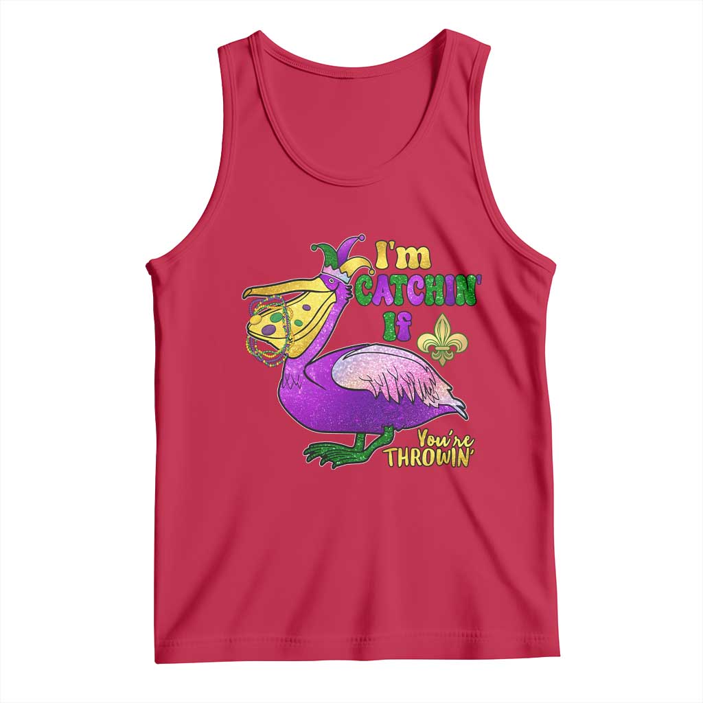 Funny Mardi Gras Pelican Tank Top I'm Catchin' If You're Throwin' Beads Doubloons