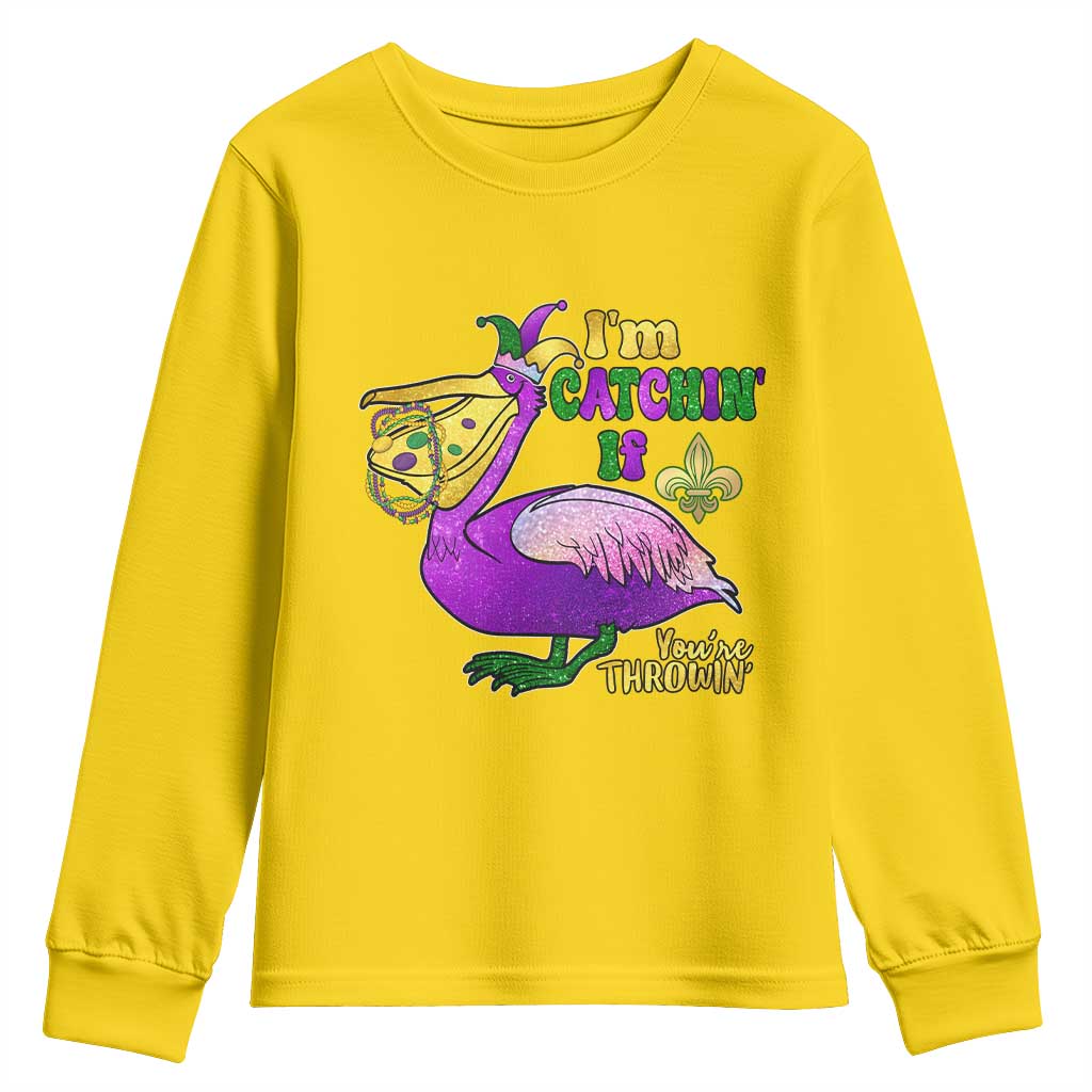 Funny Mardi Gras Pelican Youth Sweatshirt I'm Catchin' If You're Throwin' Beads Doubloons