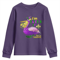 Funny Mardi Gras Pelican Youth Sweatshirt I'm Catchin' If You're Throwin' Beads Doubloons