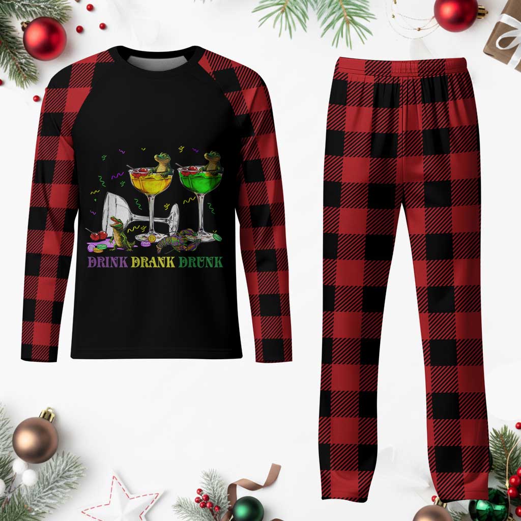 Funny Mardi Gras Drinking Plaid Pajama Set Drink Drank Drunk Glass Of Wine Alligators